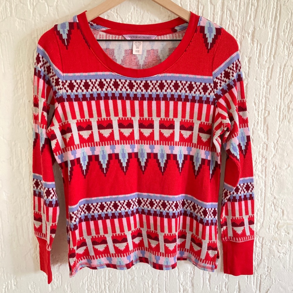 Victoria’s Secret Red And Pink Long Sleeve Thermal Pajama Shirt Size Small